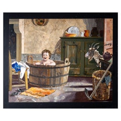 G. Montelatici (IT, 1864-1930), Pietra Dura Artwork of a Toddler in a Bathtub