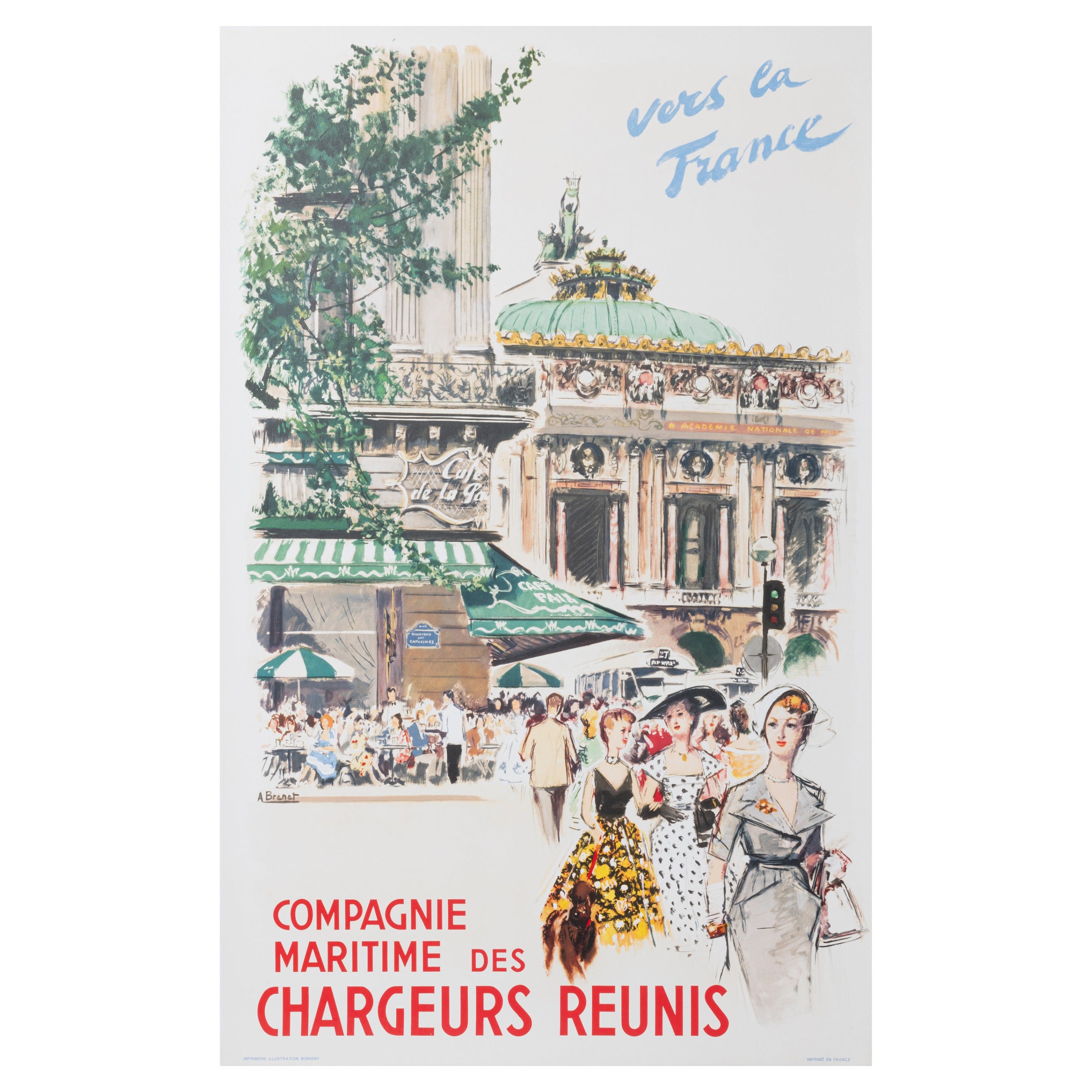 Brenet, Original Boat Poster, Paris Cafe Paix Opera Garnier, Chargeur Reuni 1950 For Sale