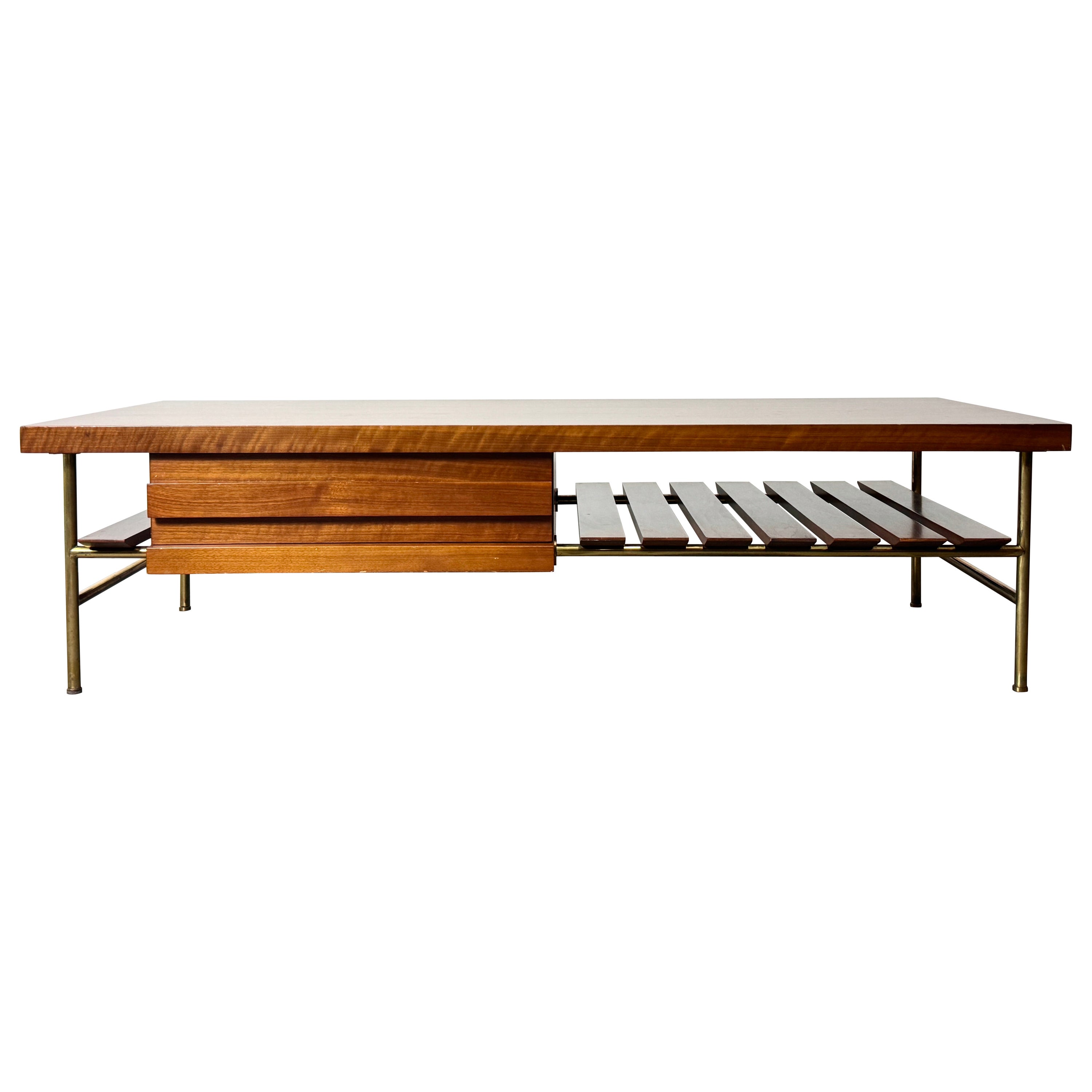Ico Parisi for Singer & Sons Walnut and Brass Rectangular Slat Coffee Table For Sale