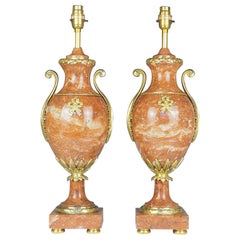 Antique Pair of French Cassolette Rouge Marble Table Lamps