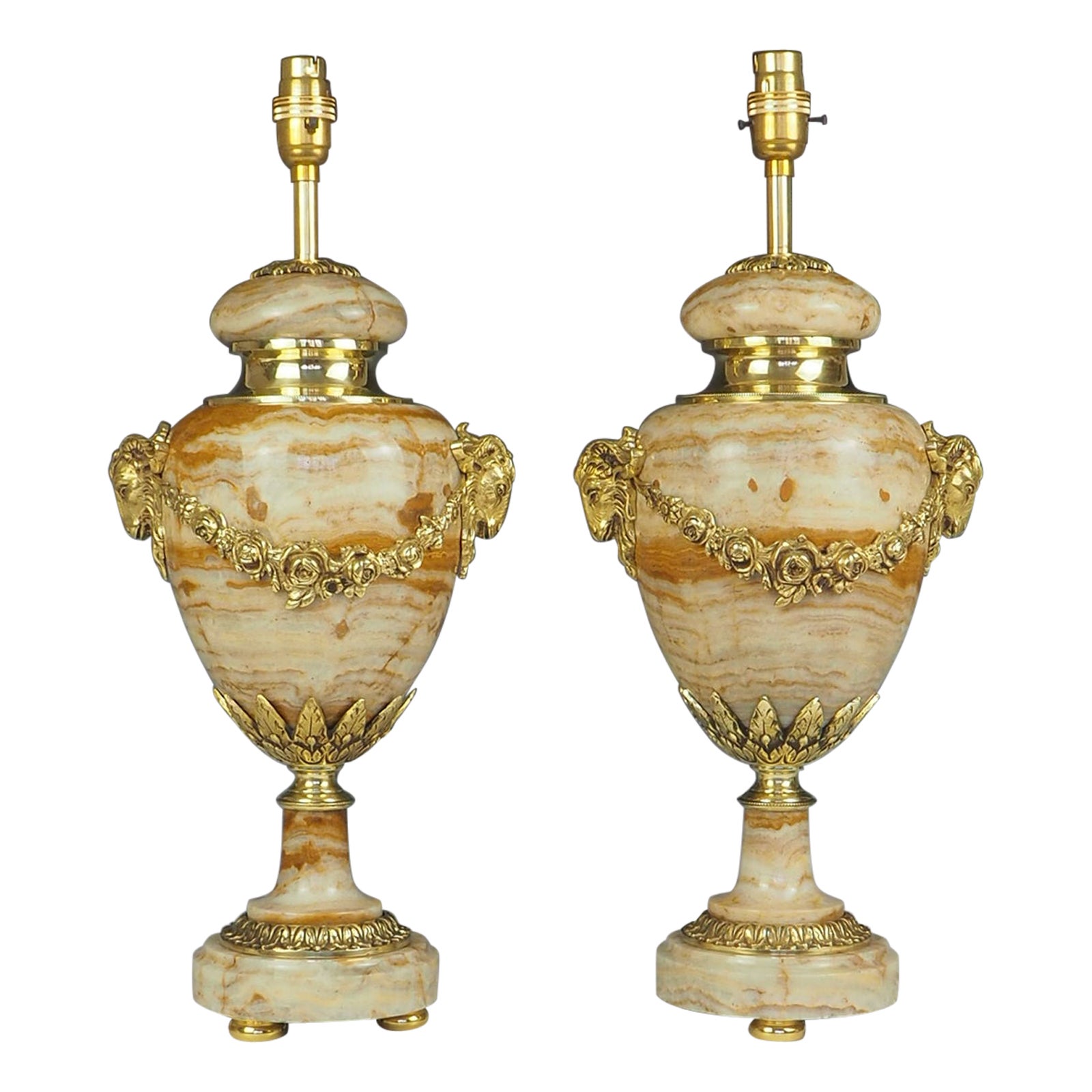 Antique Pair of French Ormolu Cassolette Marble Table Lamps For Sale