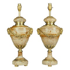 Ancienne paire de lampes de table françaises en bronze doré et marbre Cassolette