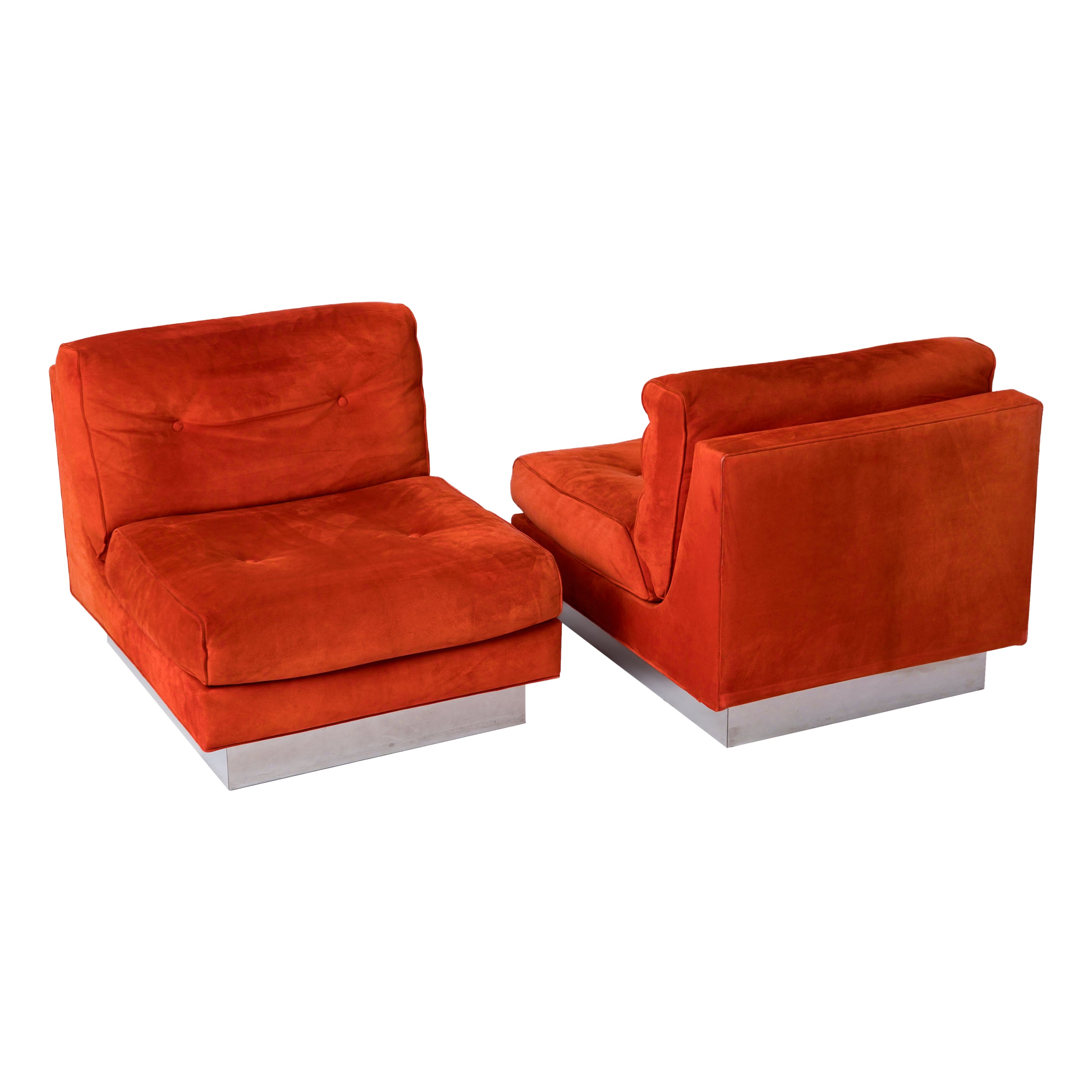 Deux chaises longues californiennes en daim orange sang-de-bœuf de J. Charpentier - France  en vente