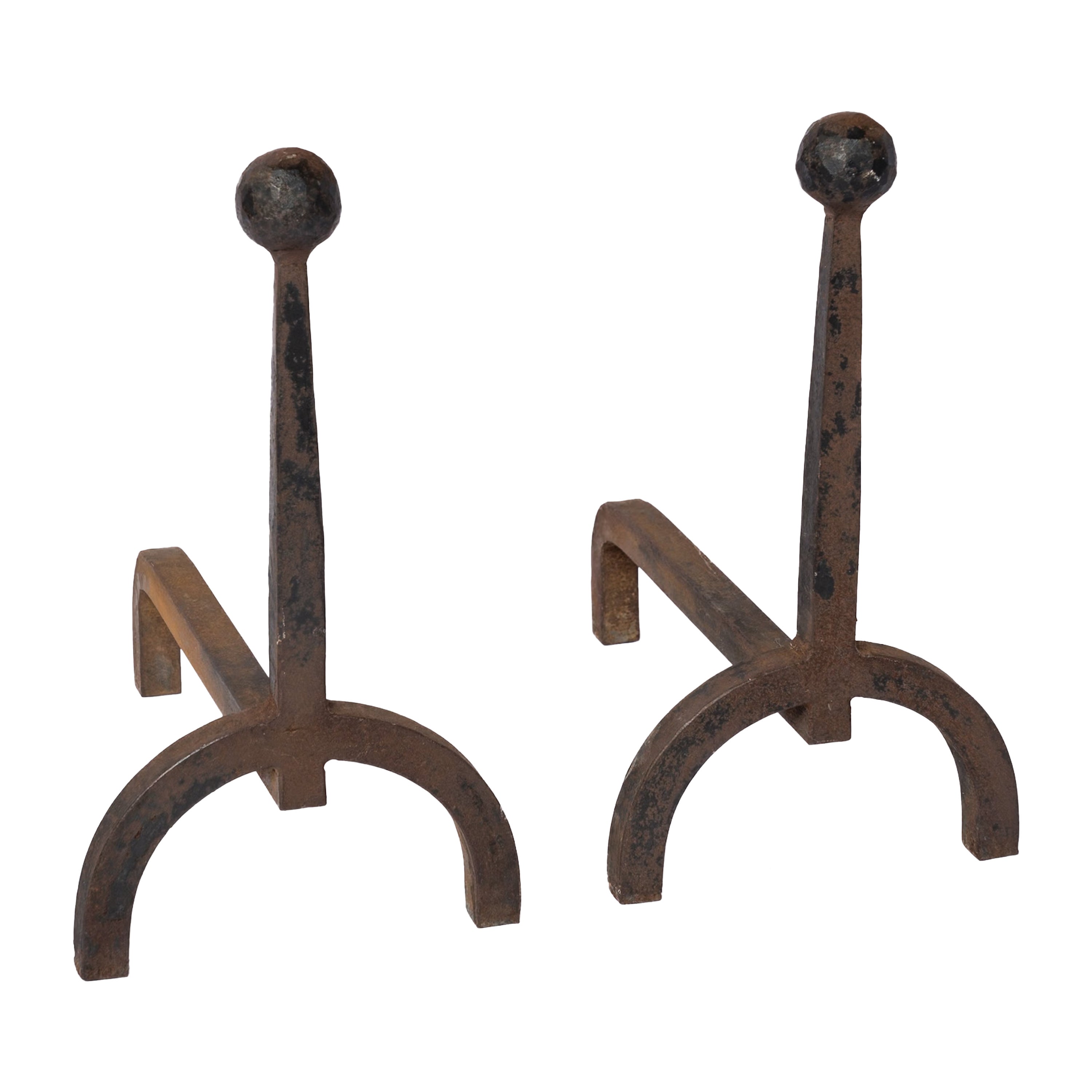 Minimalist "Fer Battu" Wrought Iron Andirons in style of Adnet - France 1950's For Sale