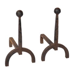Minimalist "Fer Battu" Wrought Iron Andirons in style of Adnet - France 1950's
