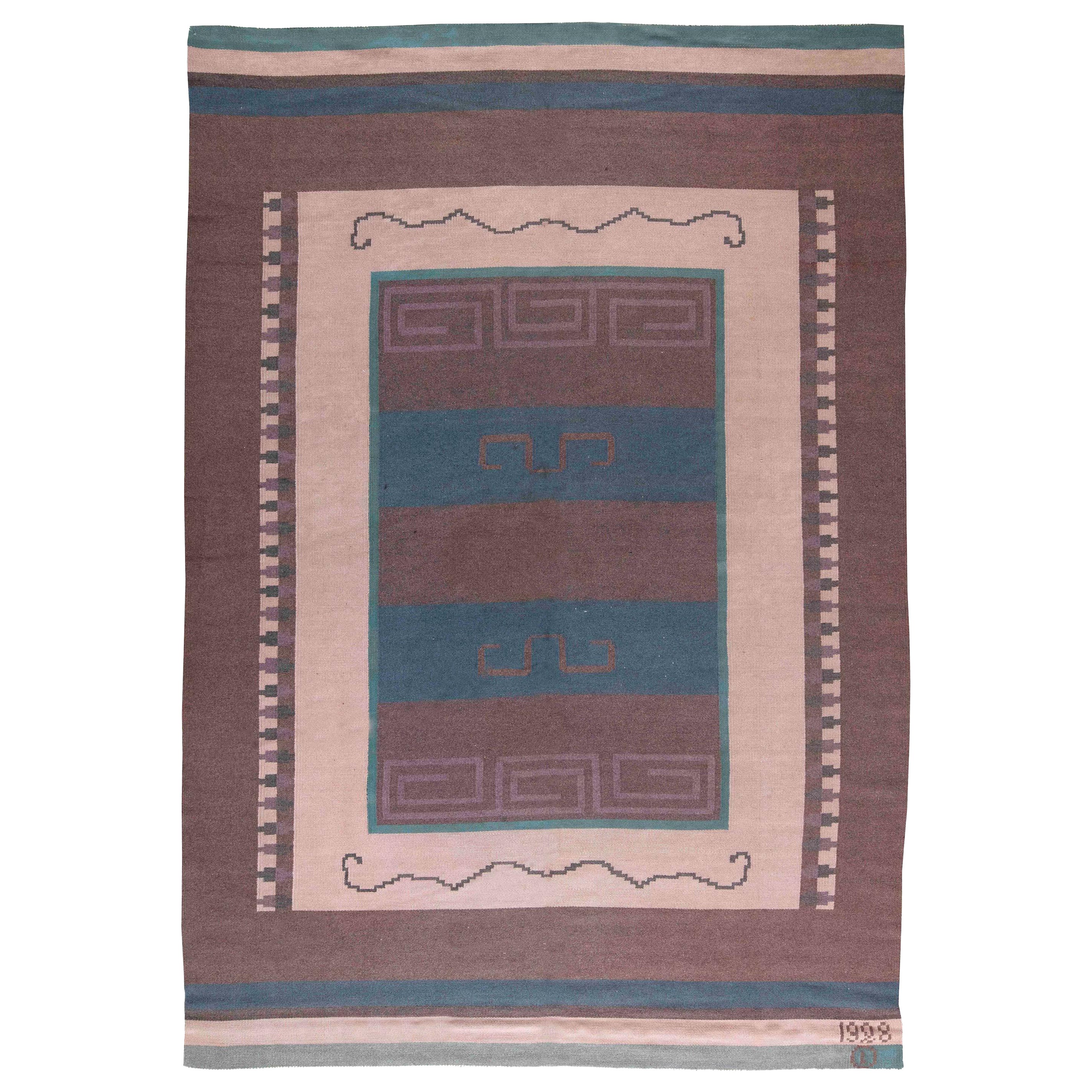 Vintage Scandinavian Flat-Weave Wool Rug Woven Initials & Date to Edge 'Io 1928' For Sale