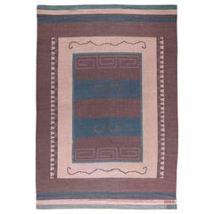 Antique Scandinavian Flat-Weave Wool Rug Woven Initials & Date to Edge 'Io 1928'