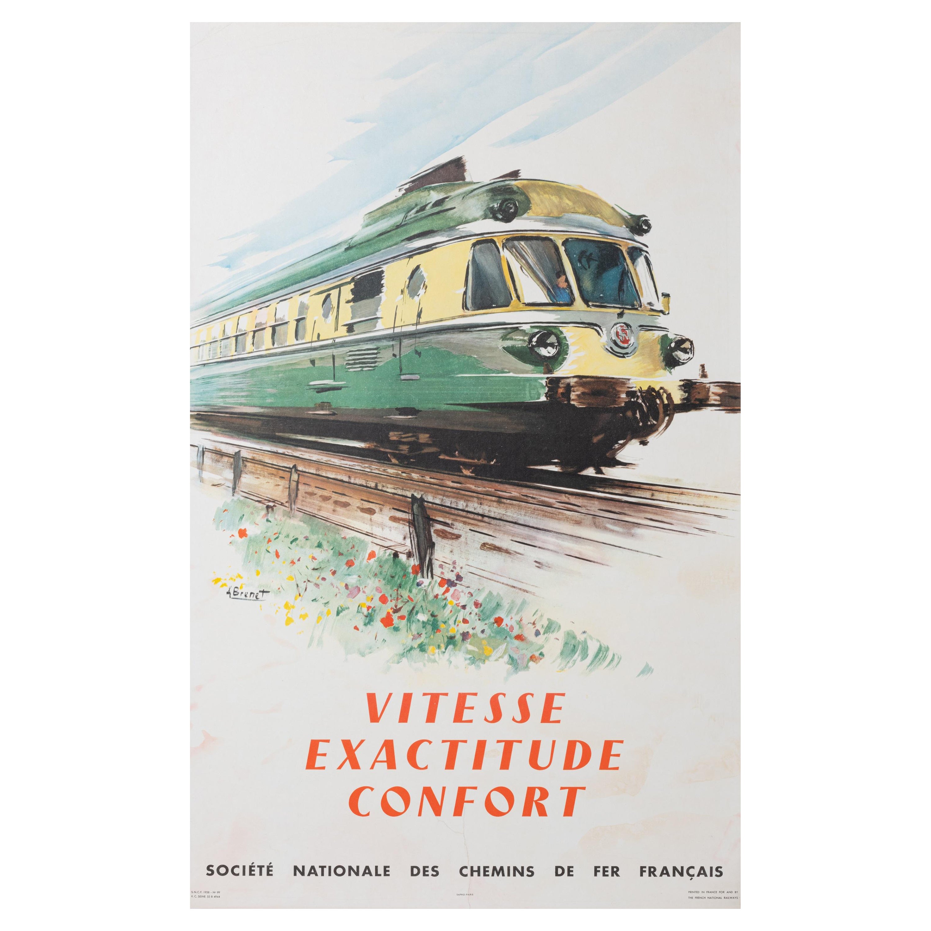 Affiche de voyage originale Brenet, French Railway, Train Travel Transportation 1958 en vente