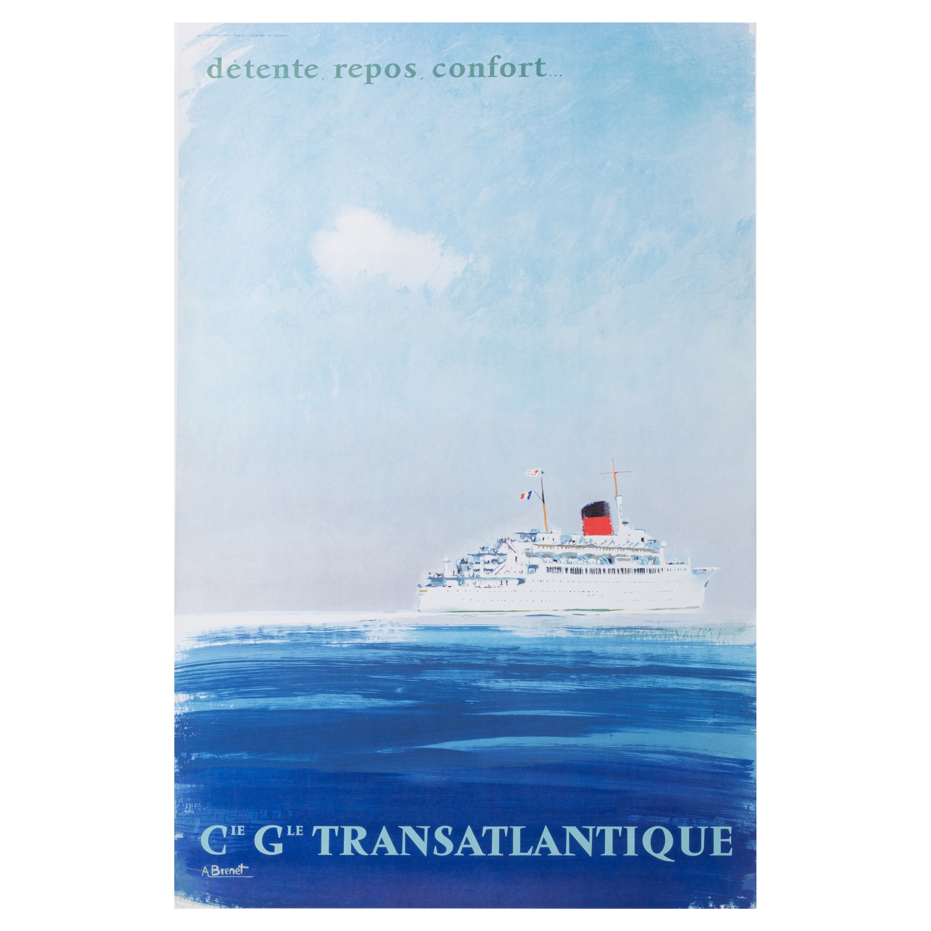 Affiche de voyage originale Brenet, Transatlantique, Bateaux de bateaux, Navigation, 1950