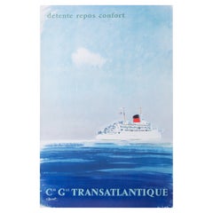 Retro Brenet, Original Travel Poster, Transatlantique, Boats Ships, Navigation, 1950