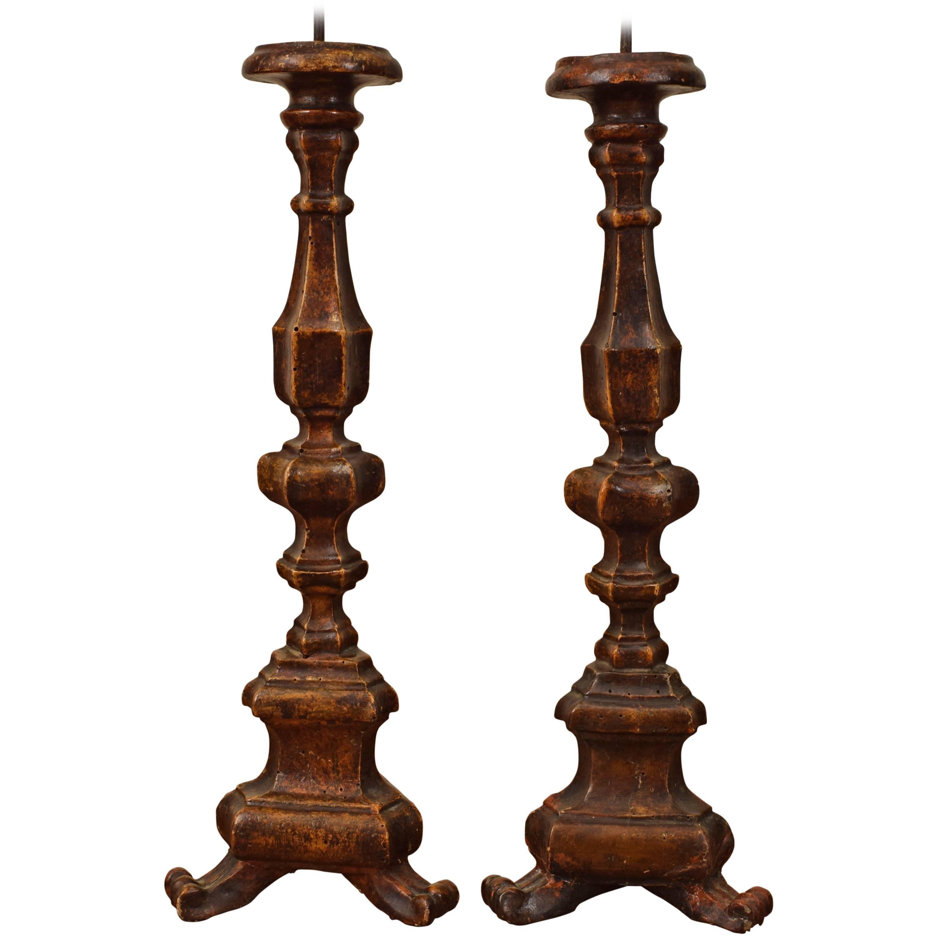 Pair of Early 18th Century Carved Candlesticks in Mecca, Italy