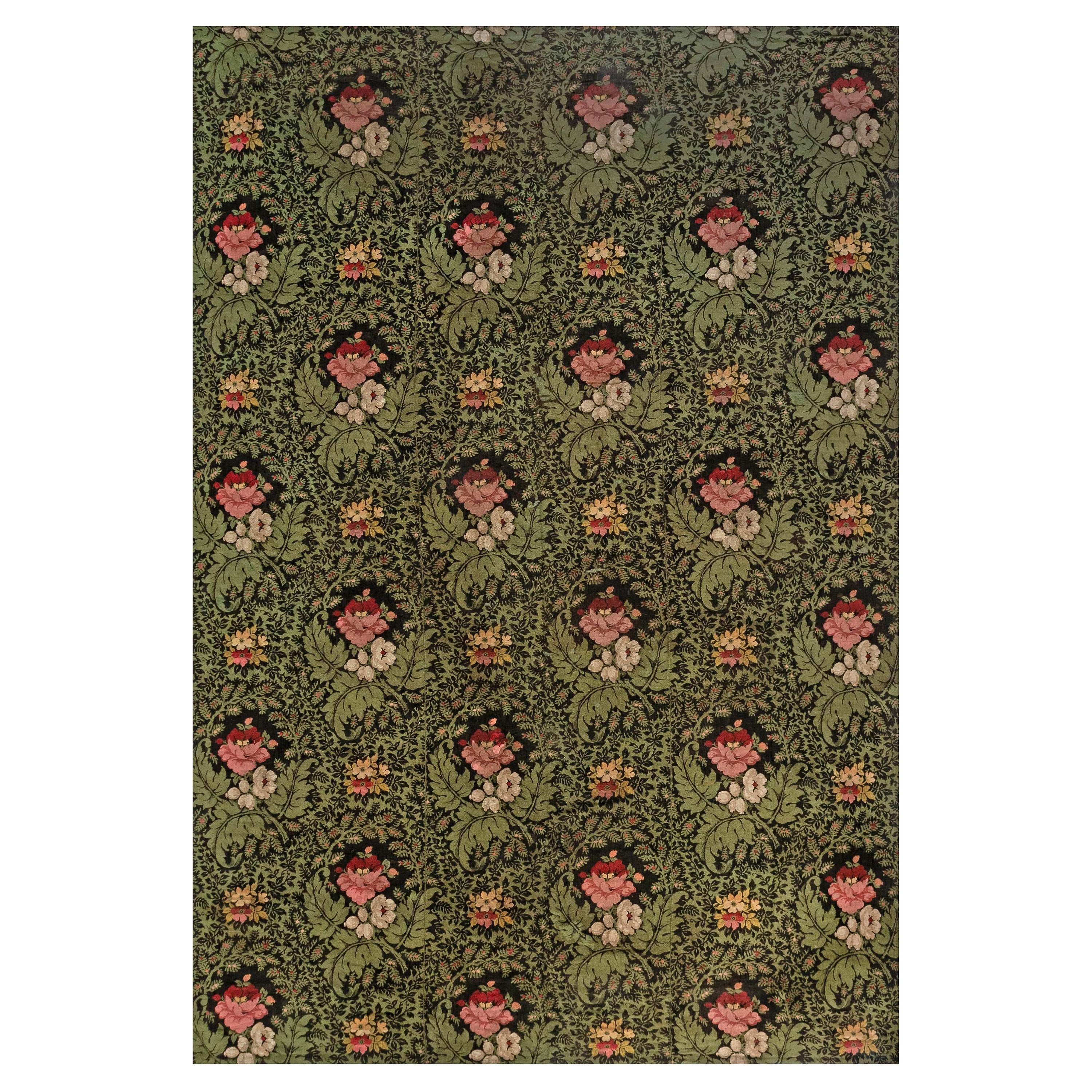 19th Century French Floral Design Green, Black and Pink Flat Weave Wool Rug