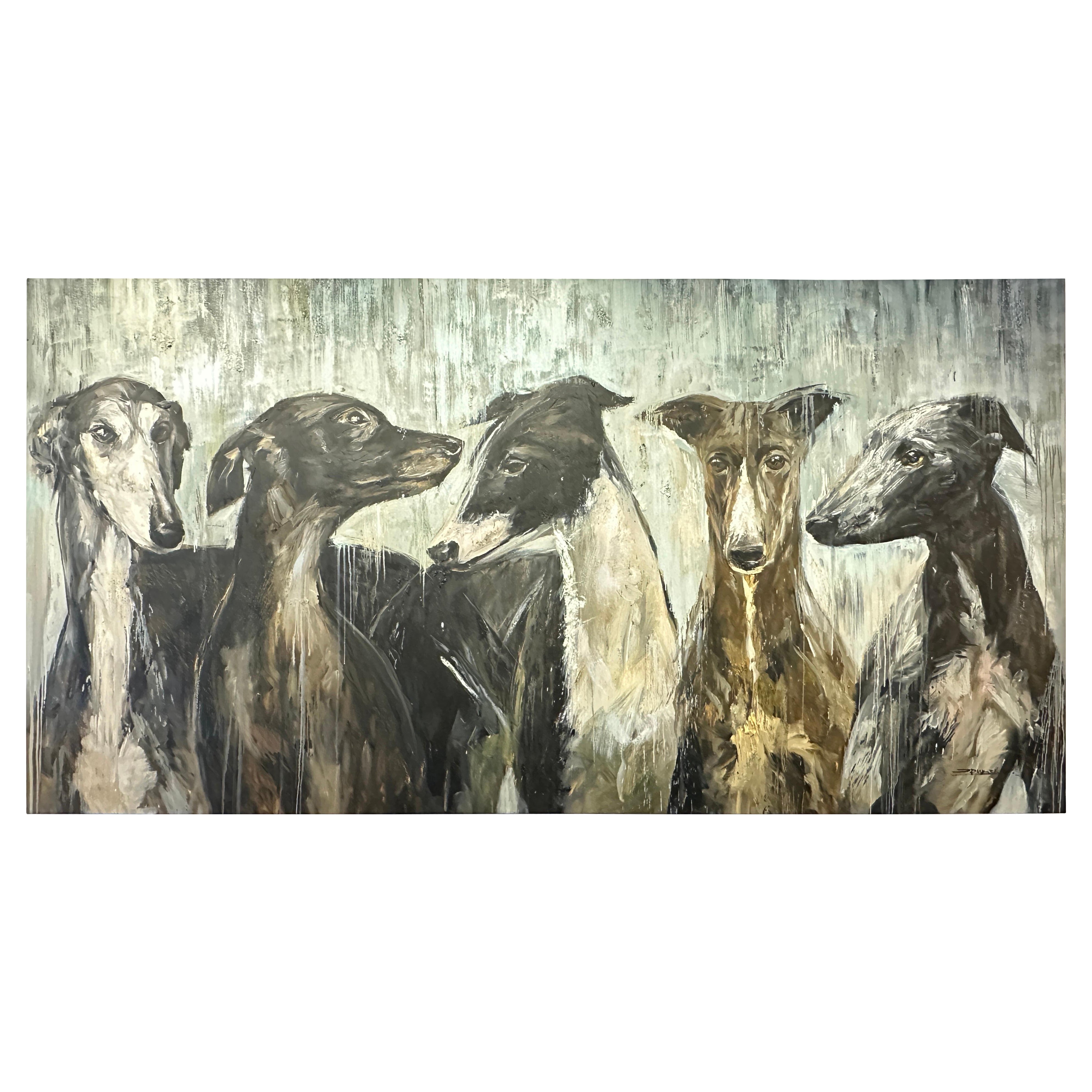 Galgos / Greyhounds Impressive 10 Foot Long Painting by Eric Alfaro For Sale