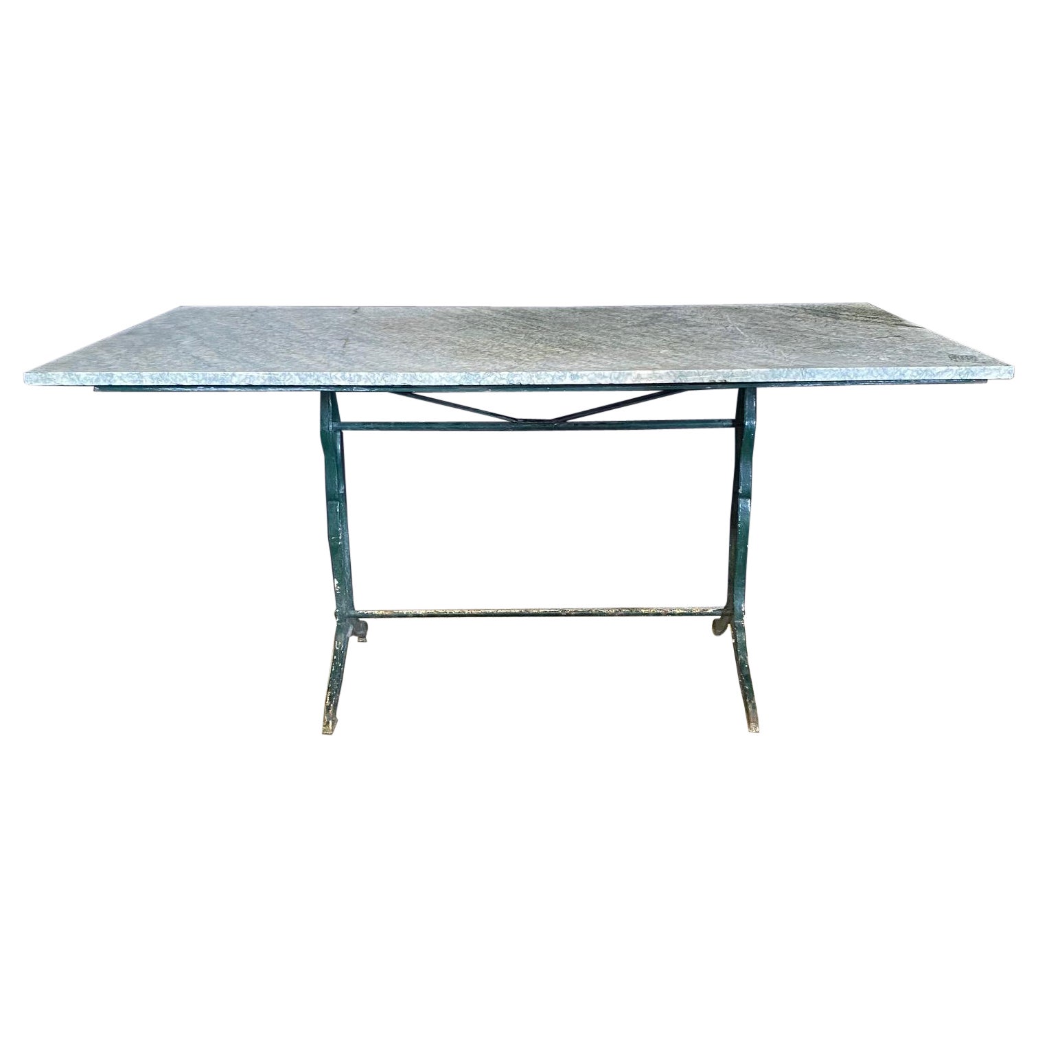 Larage French Marble Top Dining Table with Iron Base with Maker's Name For Sale