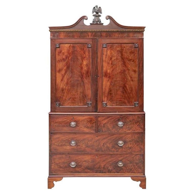 Tall Antique Figured Mahogany Linen Press For Sale