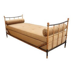 Used Daybed Bamboo and Black Stitched Leather by Jacques Adnet