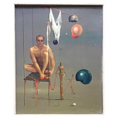 Retro "Red Tape", Early and Important Surrealist Painting by John Lear w/ Male Nudes