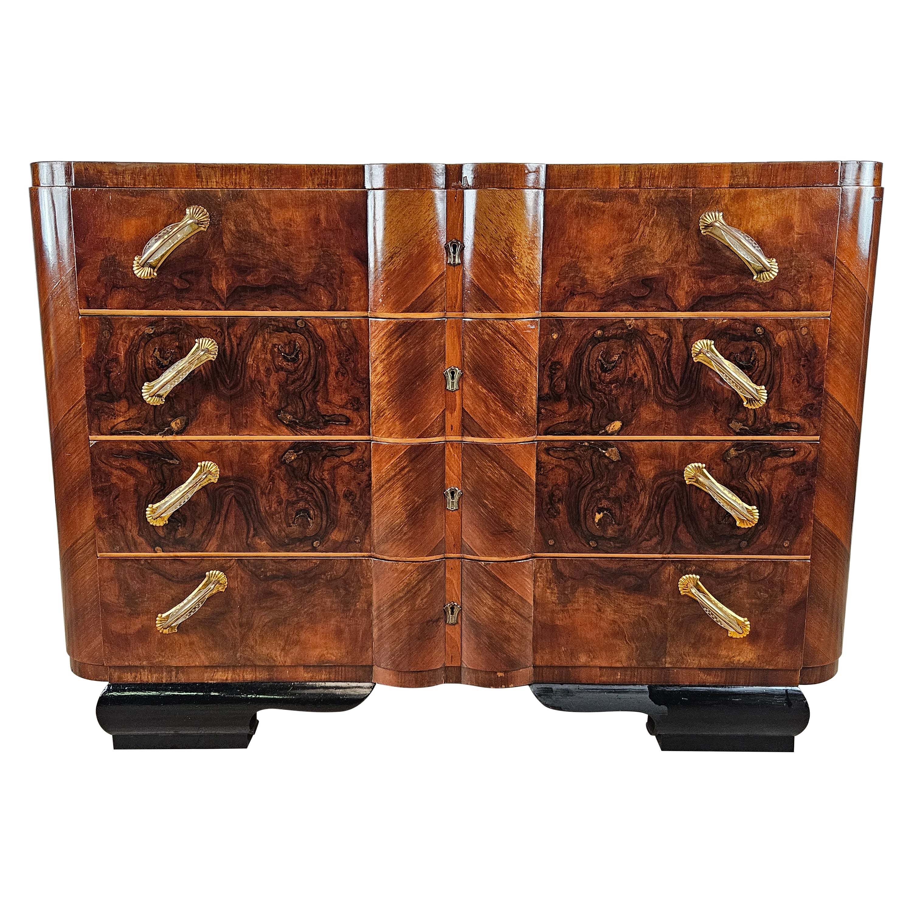 Art Deco walnut burl dresser with lacquered drawers and feet 20th century
