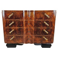 Vintage Art Deco walnut burl dresser with lacquered drawers and feet 20th century