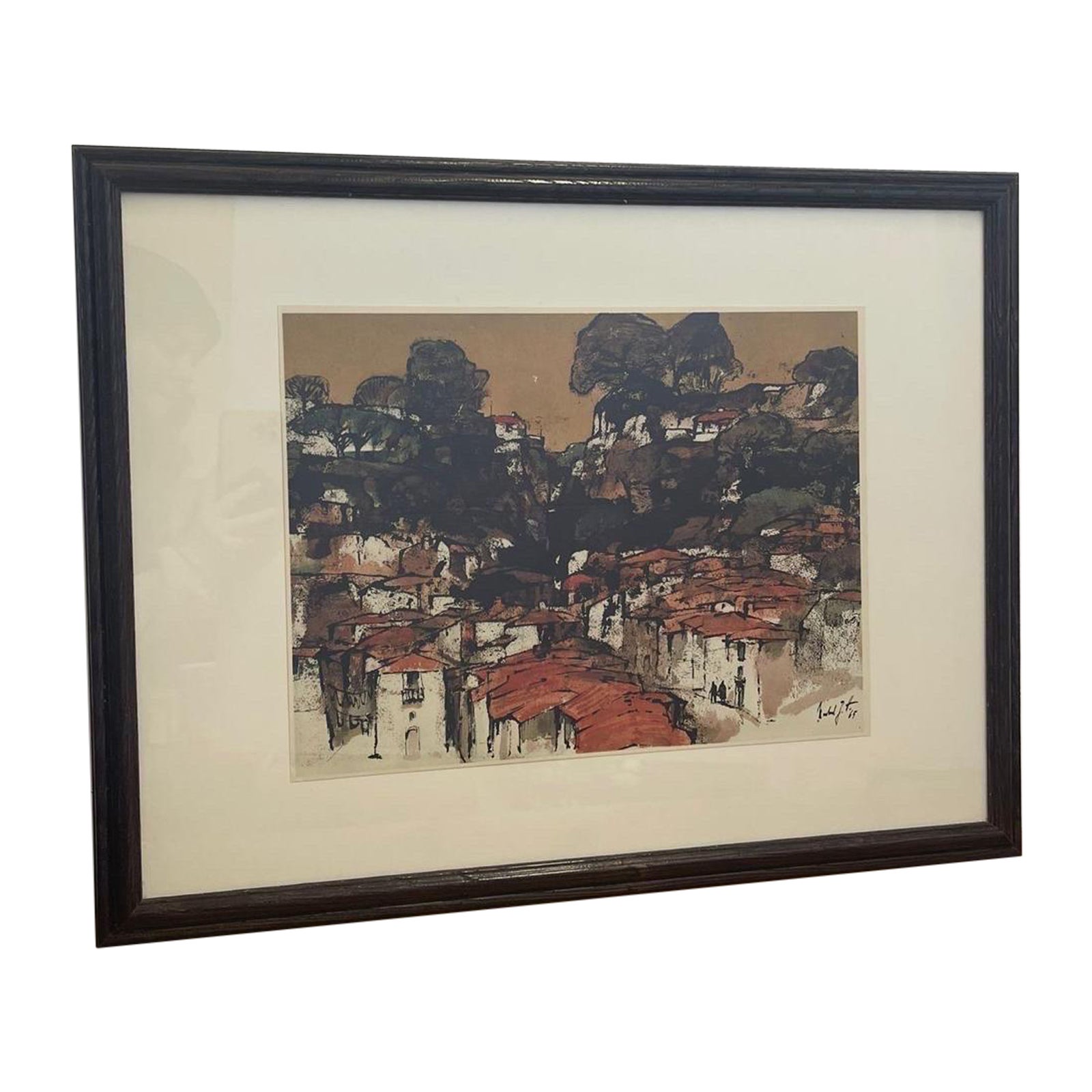 Vintage Framed and Signed Art Print Mountain Village in Portugal by Hartmann en vente