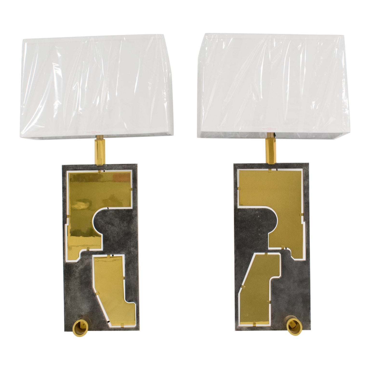 Industrial Brutalist Brass and Steel Table Lamps, a pair, France 1980s For Sale