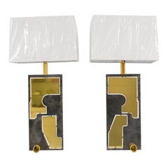 Industrial Brutalist Brass and Steel Table Lamps, a pair, 1980s