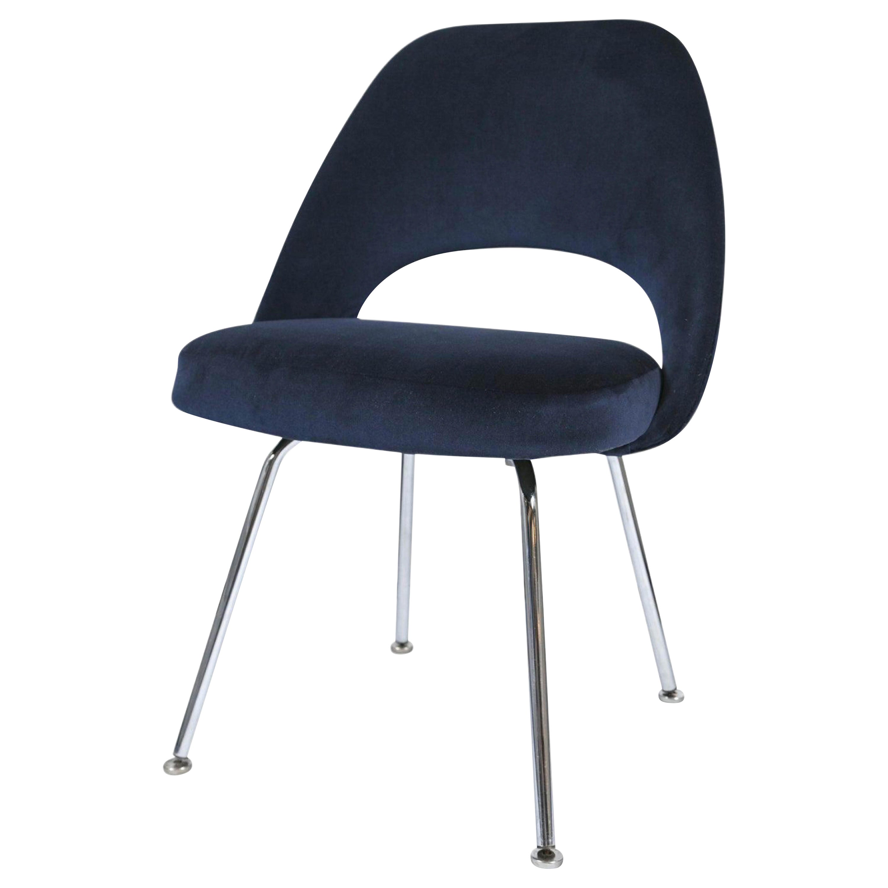 Saarinen Executive Armless Chair in Navy Velvet, Steel Tubular Legs