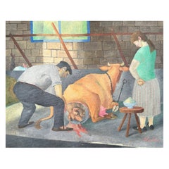 Naive Style Folk Painting of Farm Life