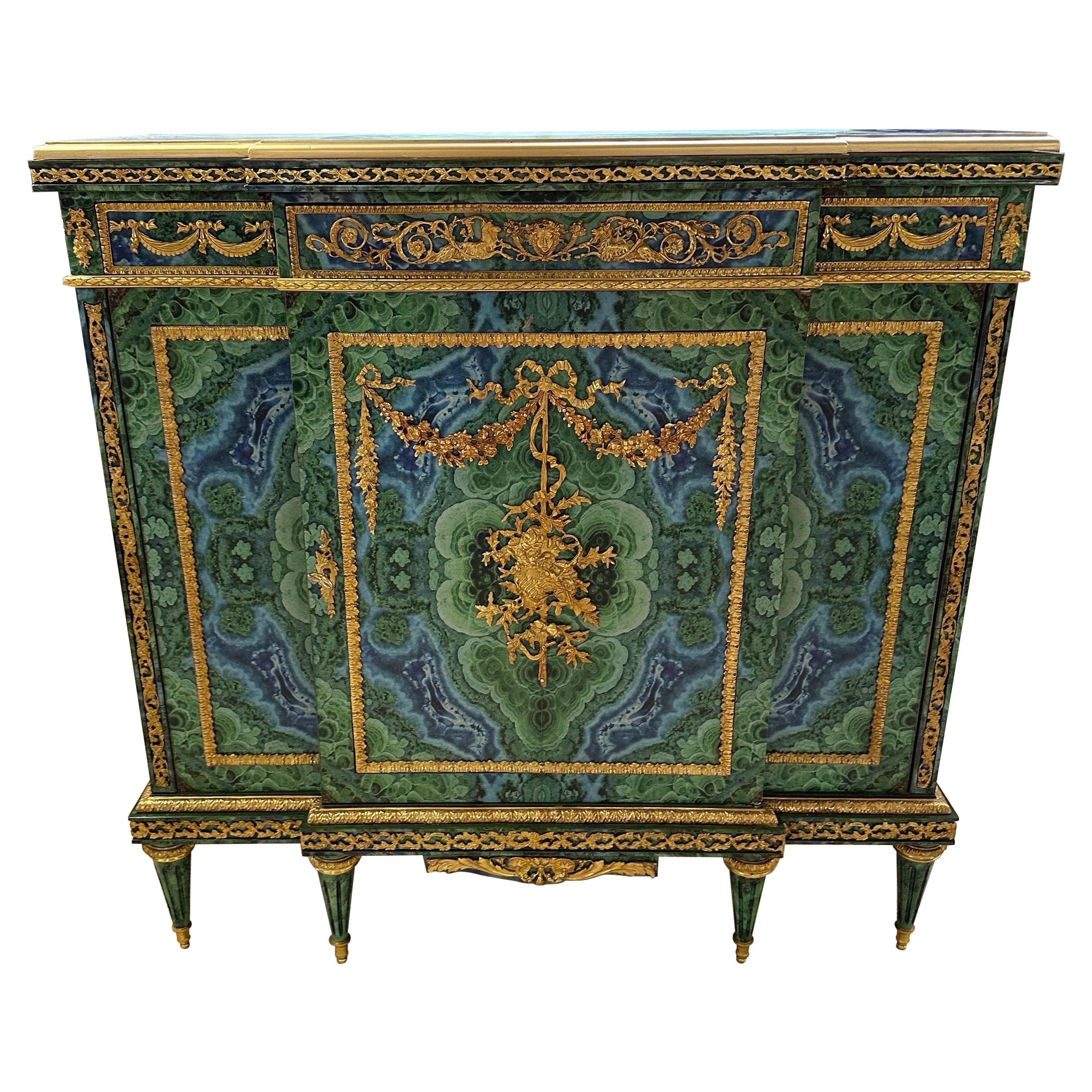 French napoleon, bronze ormolu mounted pier cabinet, malachite style For Sale