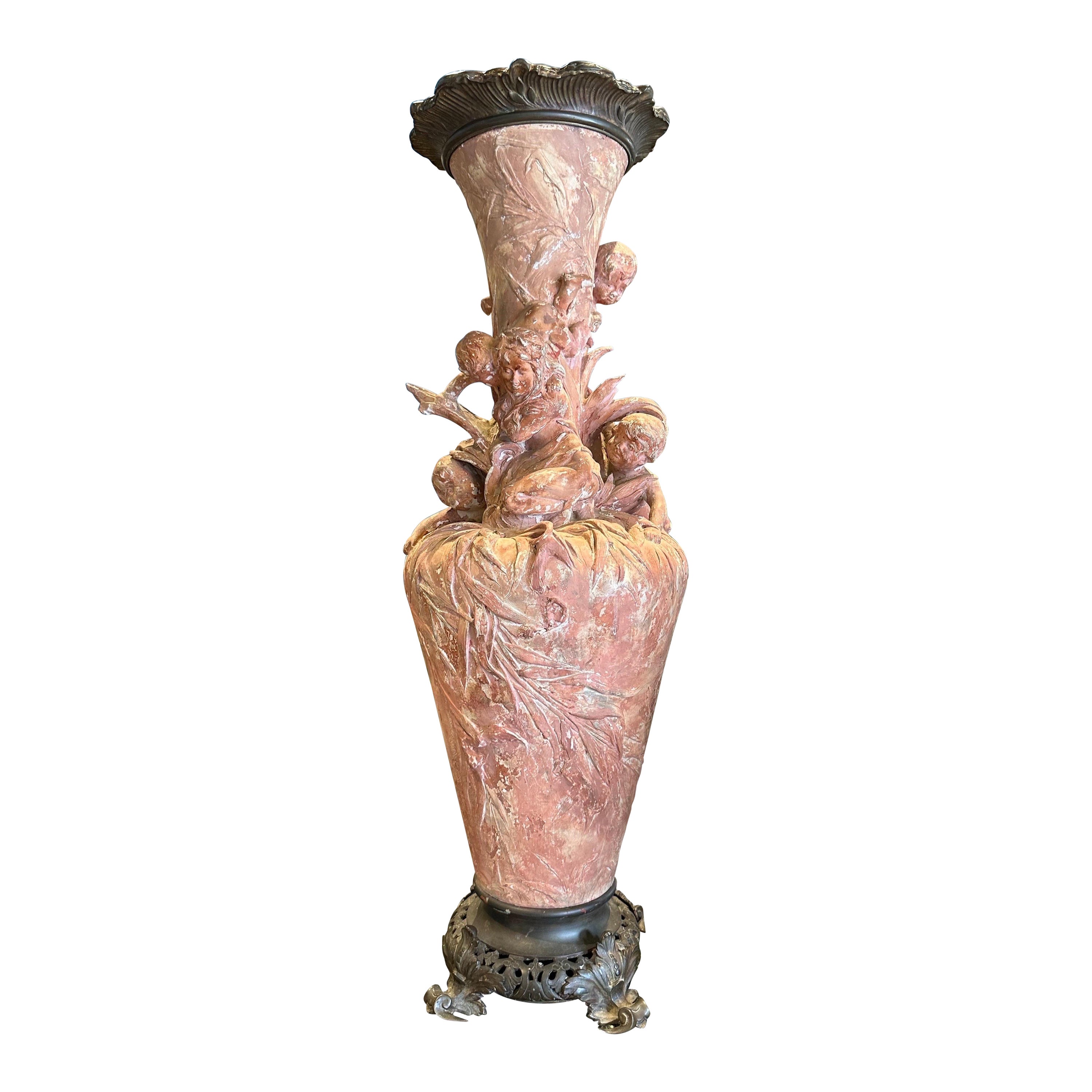 Art nouveau, significant historical vase, with bronze top and base  For Sale