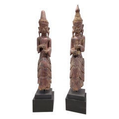 Antique Carved Dark Brown Lacquered Burmese Monastic Attendants - Set of 2