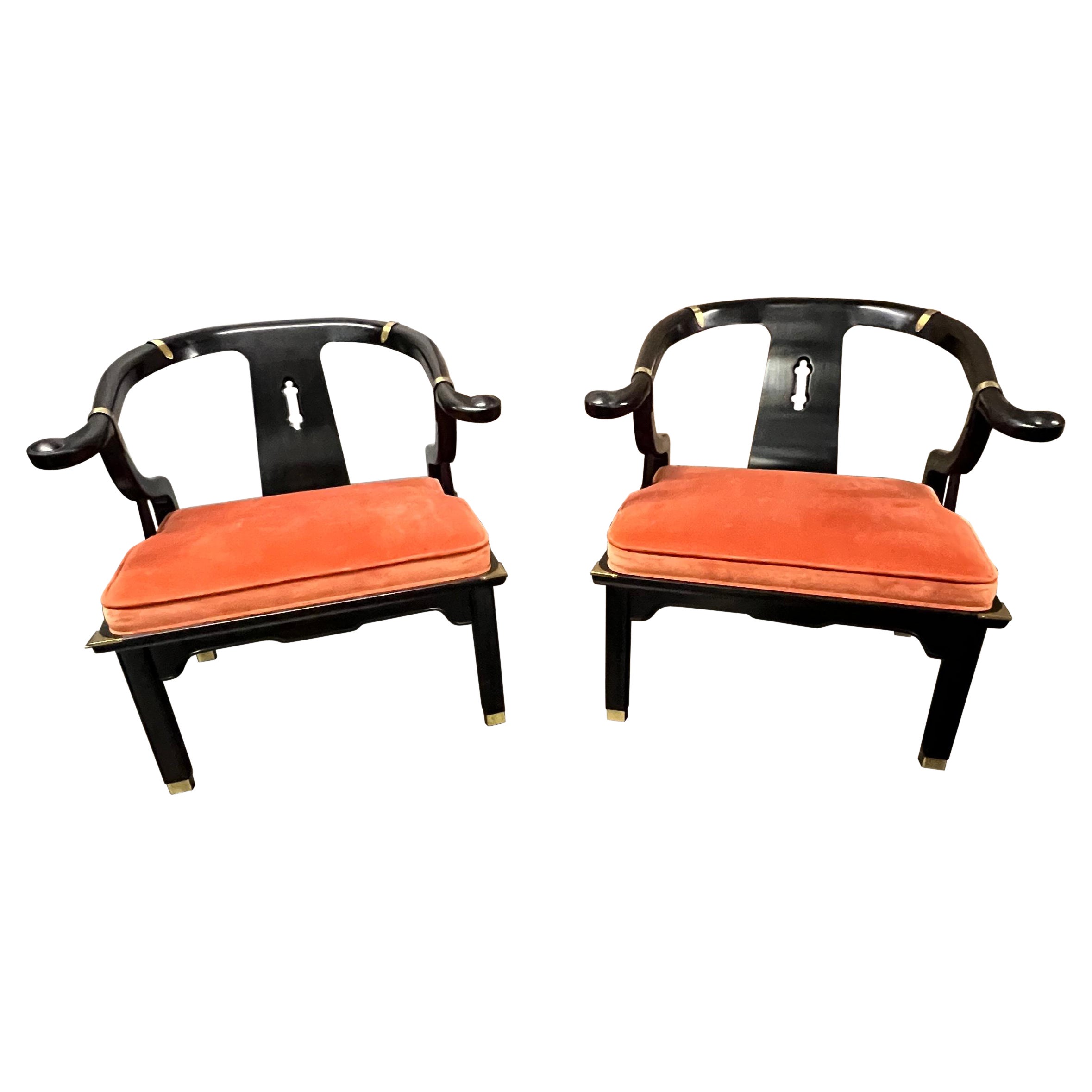 Pair of James Mont Style Mid-Century Lacquered Horseshoe Chairs by Century
