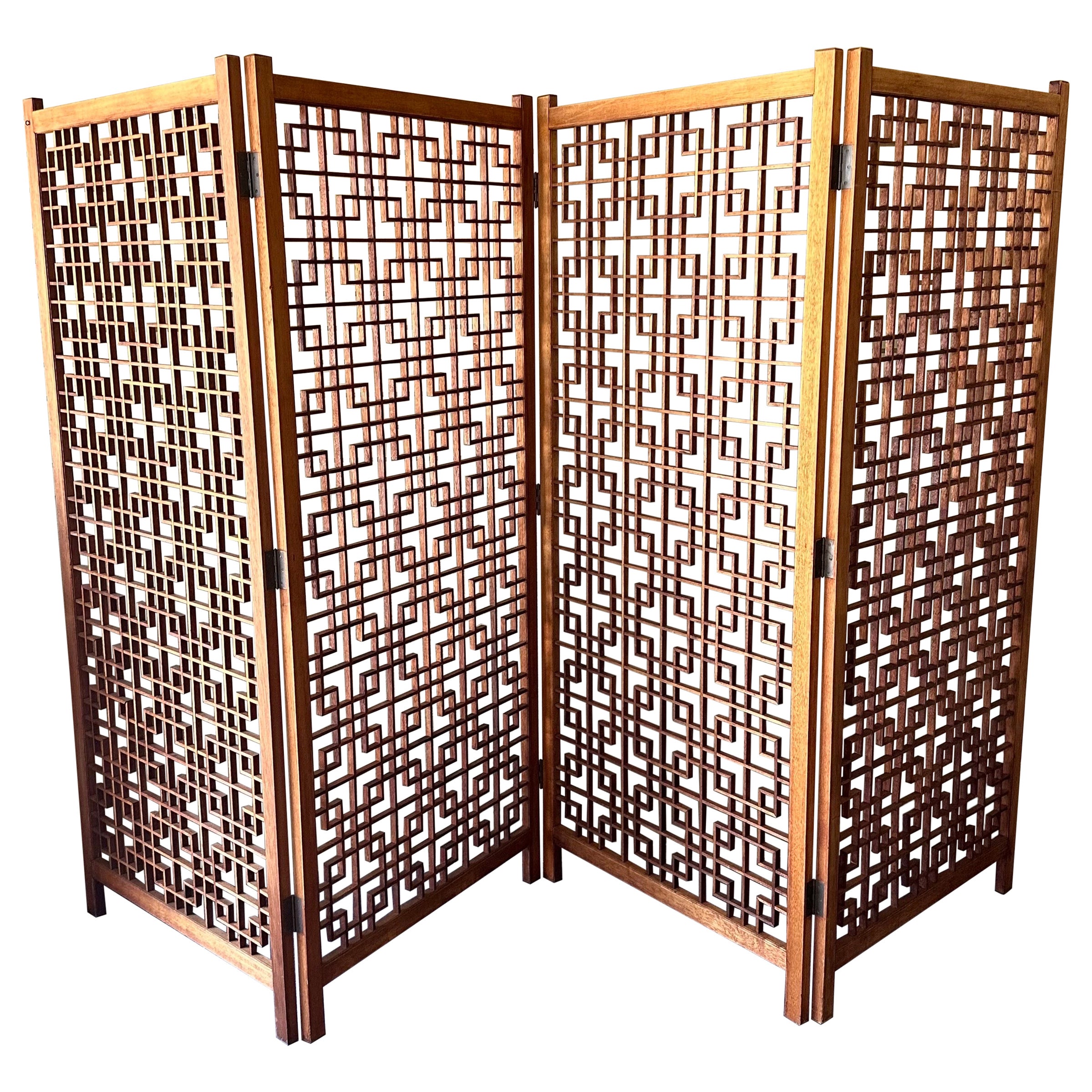 MCM Four Panel Teak Folding Screen with Square Lattice Design - Extra Wide For Sale