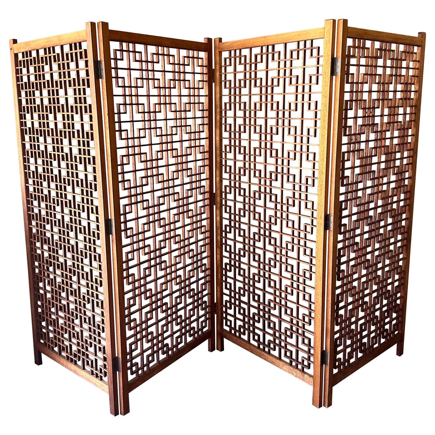 MCM Four Panel Teak Folding Screen with Square Lattice Design - Extra ...