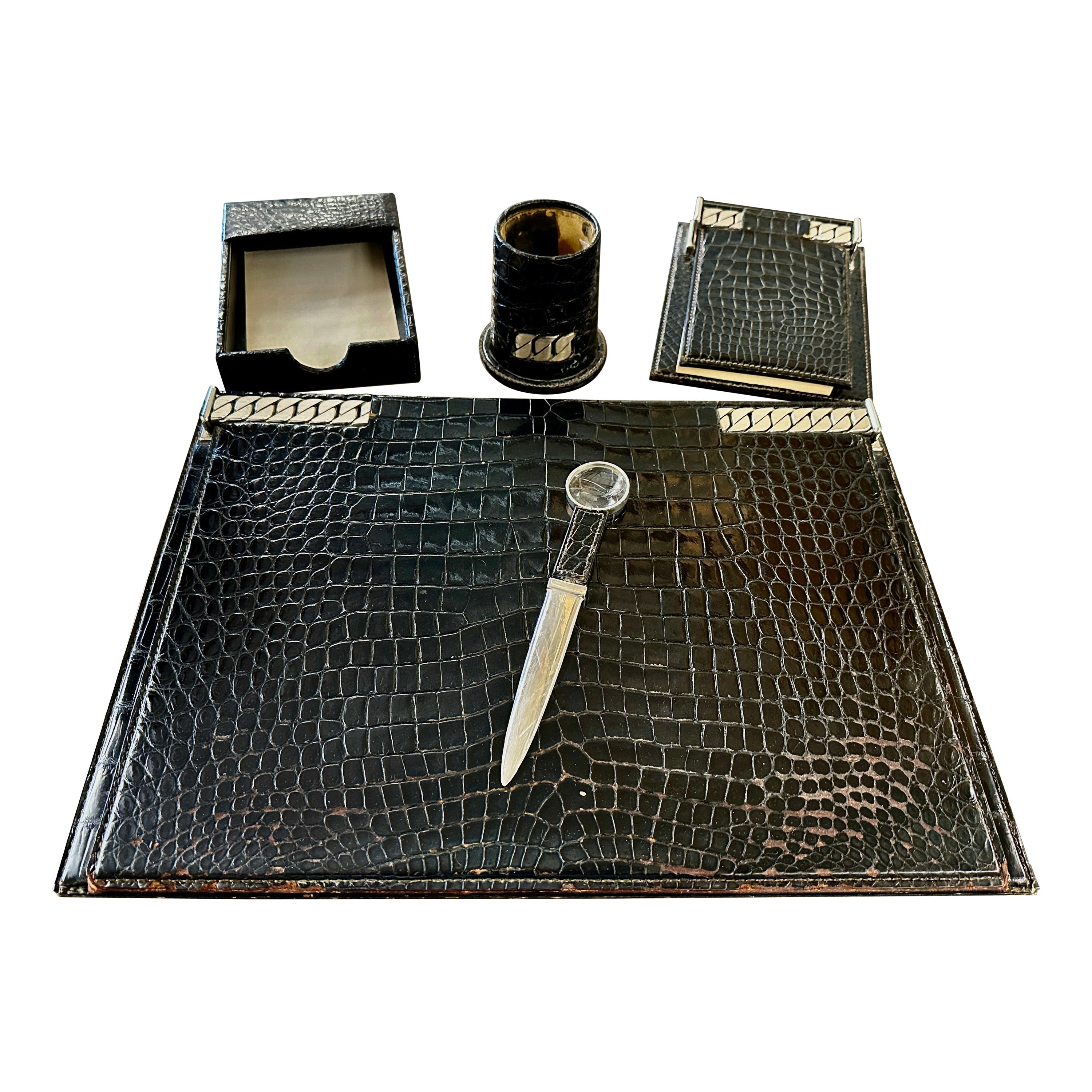 Rare Gucci Alligator / Crocodile Leather 5 Piece Desk Set  For Sale