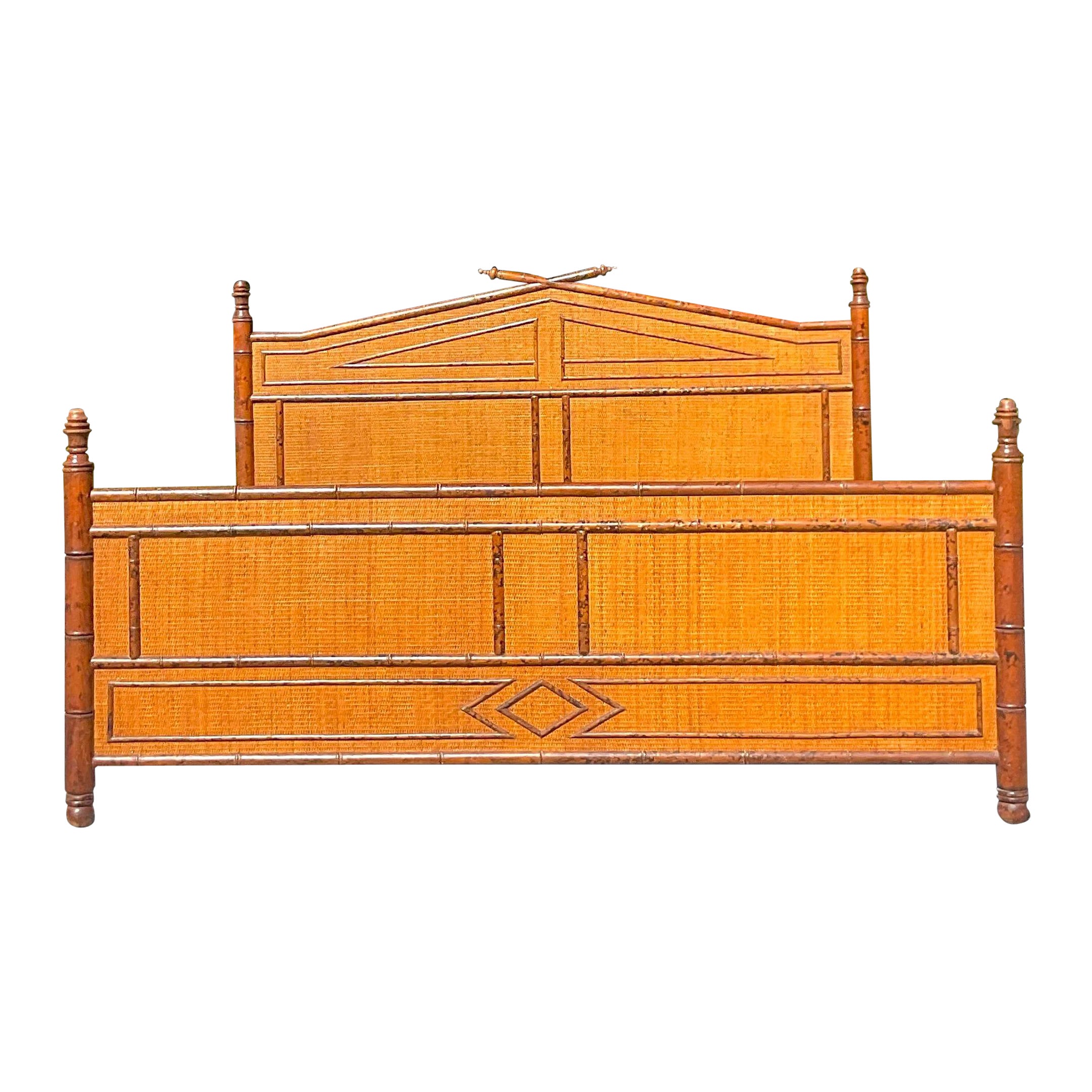 Late 20th Century Vintage Boho Burnt Bamboo King Size Bed Frame For Sale