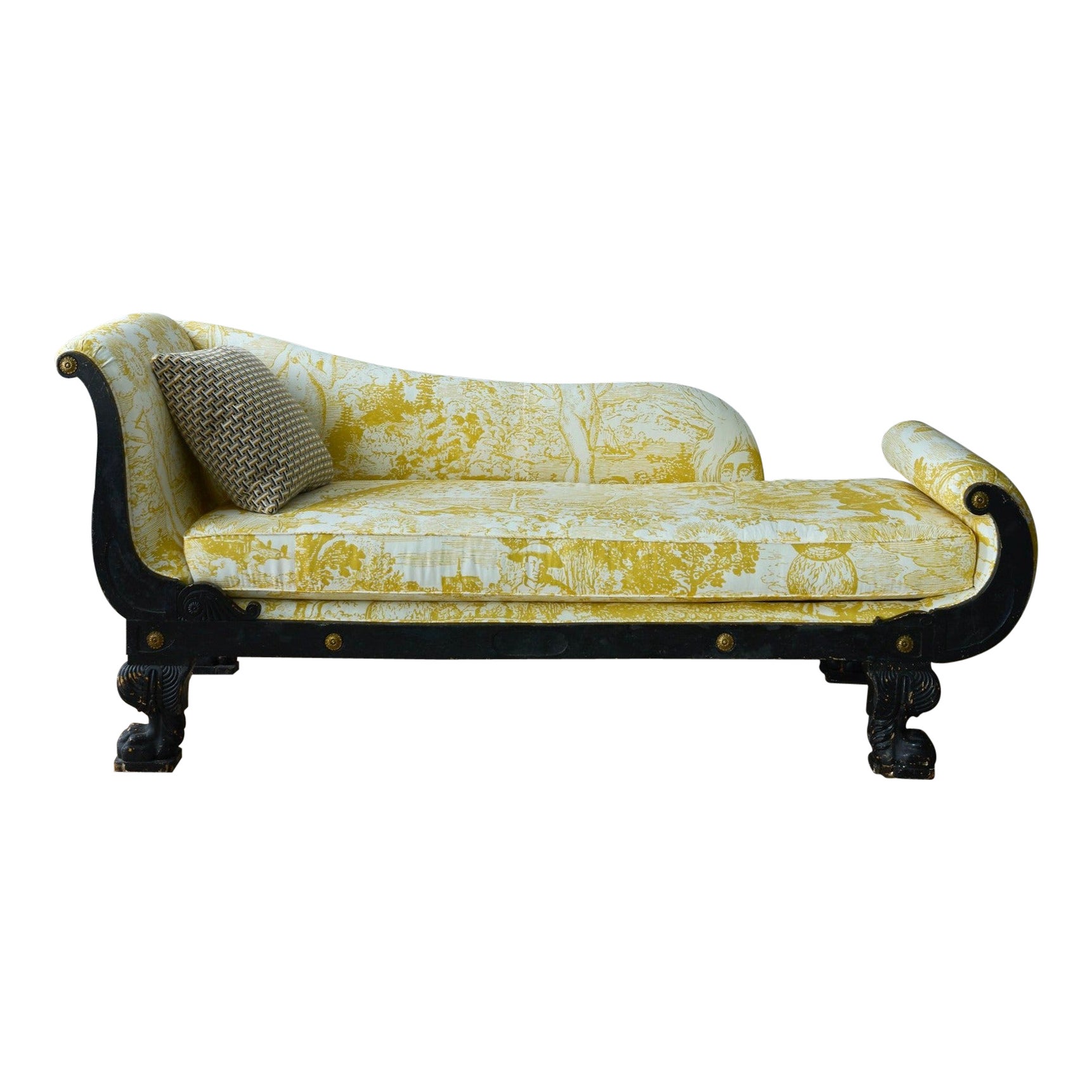 19th Century Empire Johnson Hartig Libertine Yellow Modern Toile Chaise For Sale