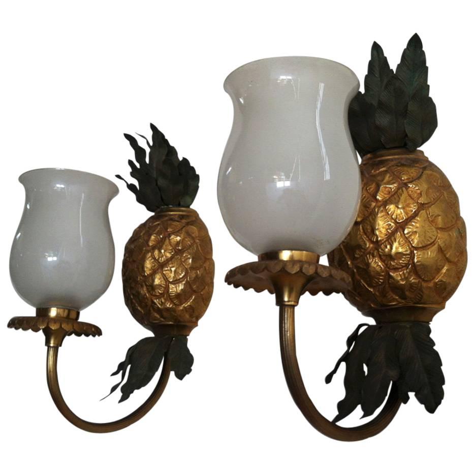 Maison Bagues Ananas Shaped Bronze Sconce Wth Opaline Glass For Sale
