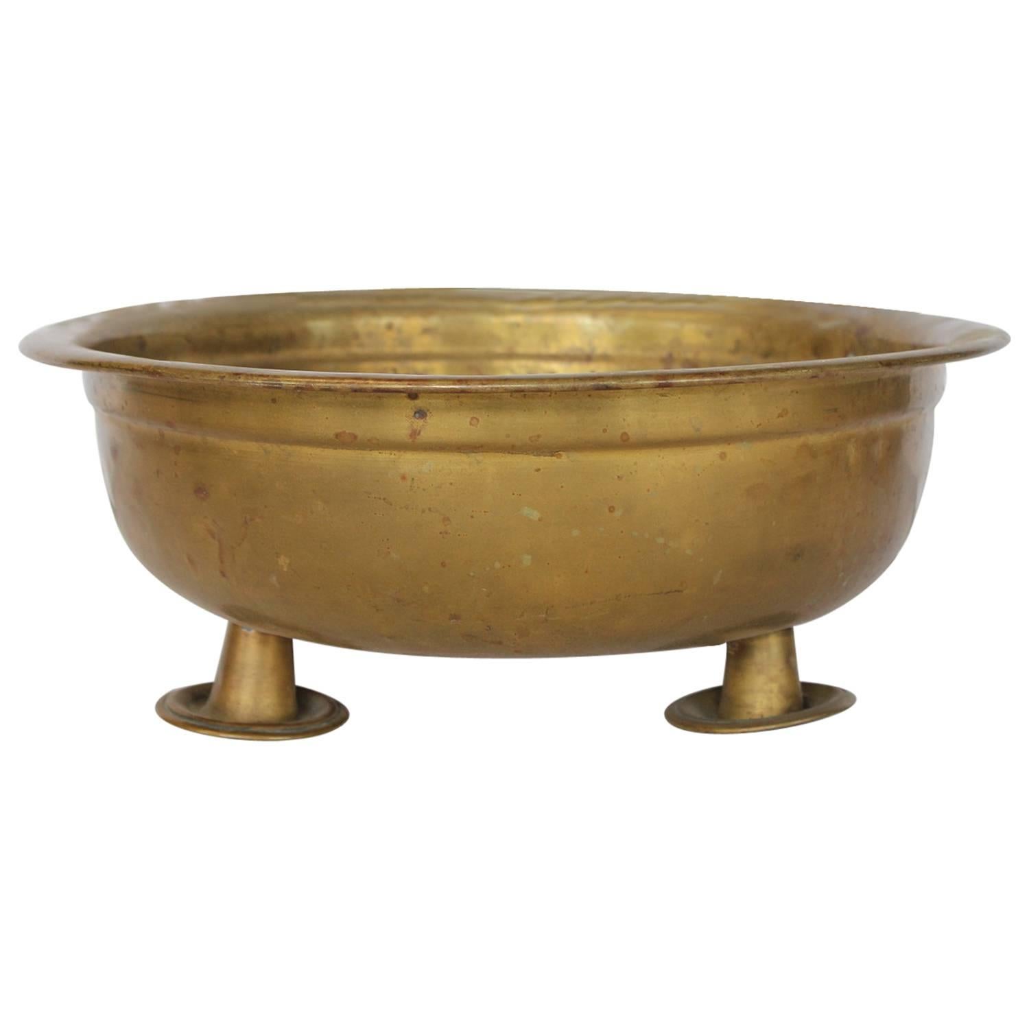Large Antique Brass Footed Bowl For Sale