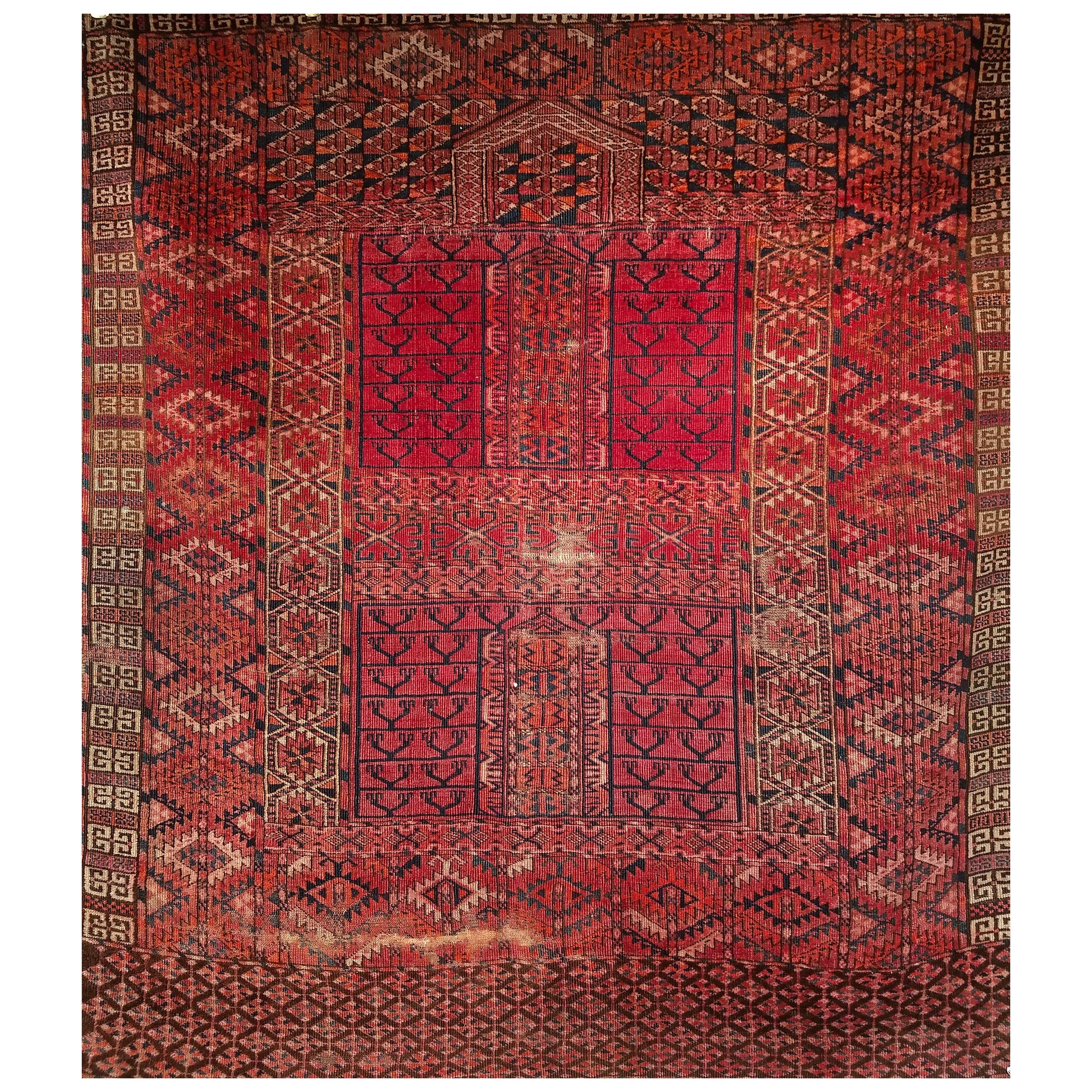 Tekke Ensi turcomano vintage con motivo de oración en rojo, azul marino, marfil, carmesí y azul