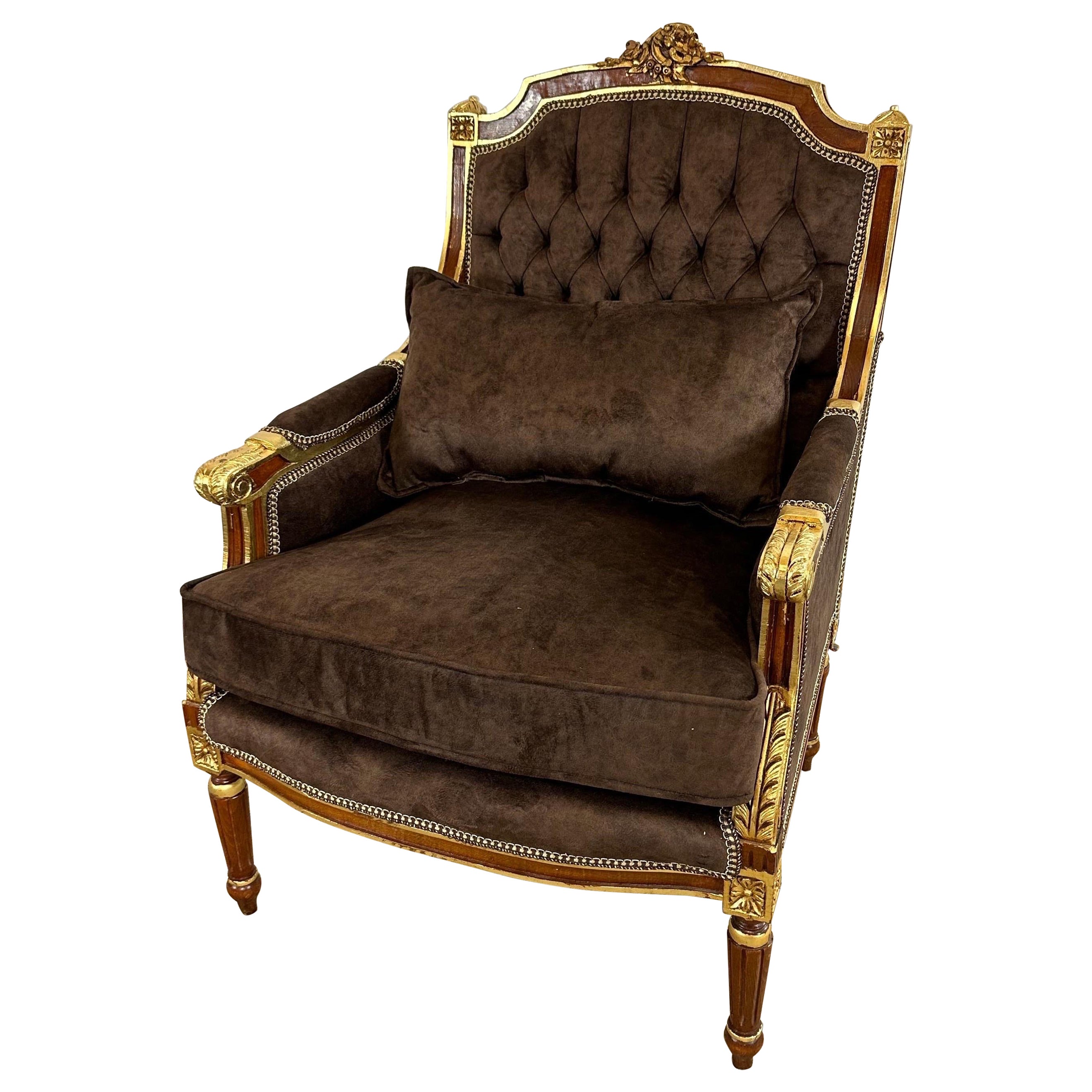 French empire, brass mounted reupholstered button back chairs (x6 available)  For Sale