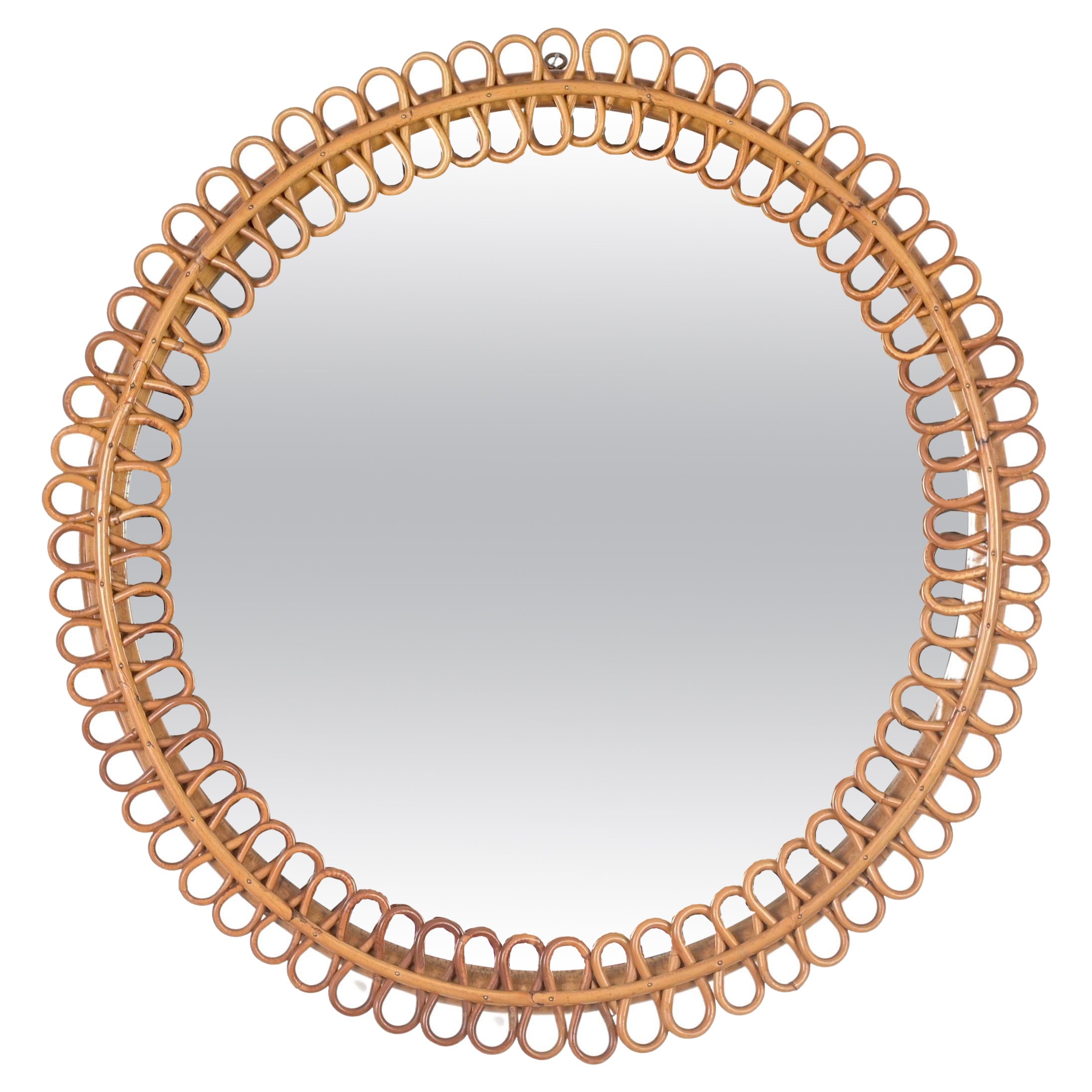 French Riviera Round Mirror in Curved Rattan and Bamboo by Albini, Italy 1960s For Sale