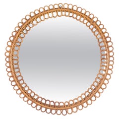 French Riviera Round Mirror in Curved Rattan and Bamboo by Albini, Italy 1960s