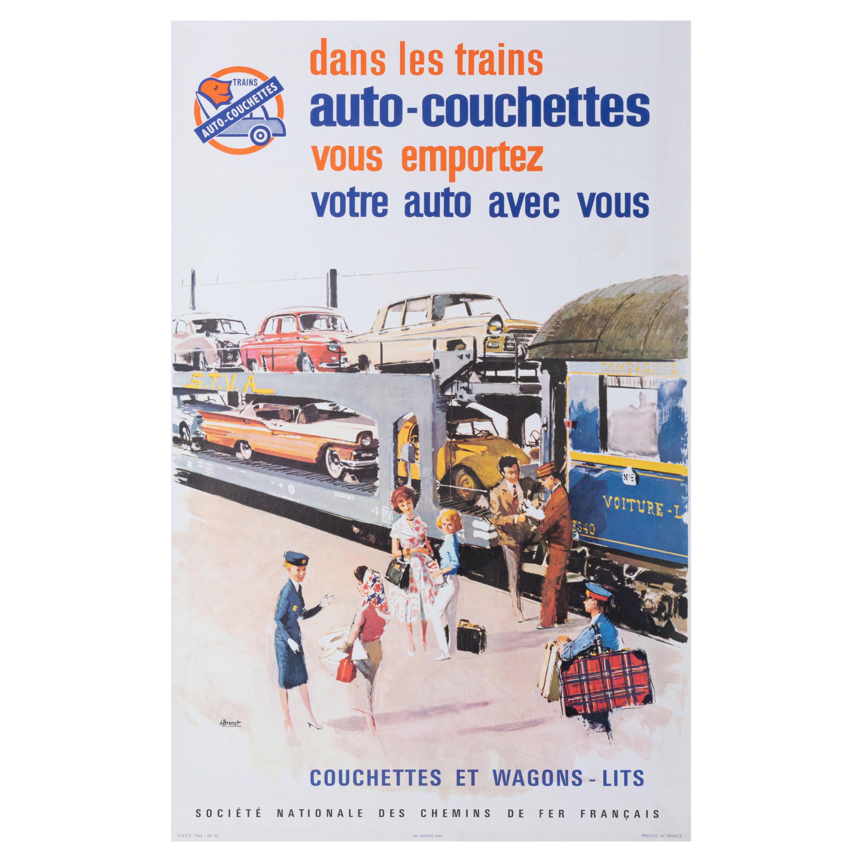 Affiche de voyage originale Brenet, wagons éclairés, voitures, trains, chemins de fer, voitures, 1963 en vente