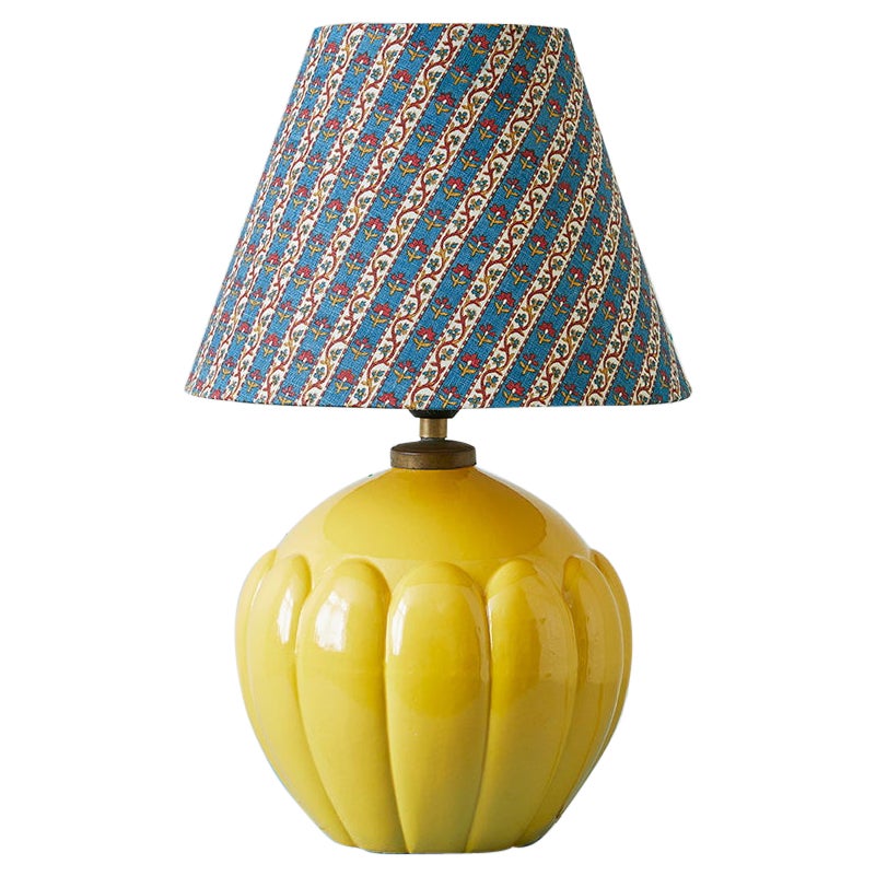 Vintage Yellow Ceramic Table Lamp with Customized Striped Shade, France, 1960s For Sale