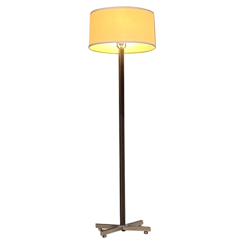 1980s Stitched Leather Floor Lamp Steel X Base after Paul Dupré-Lafon For Sale