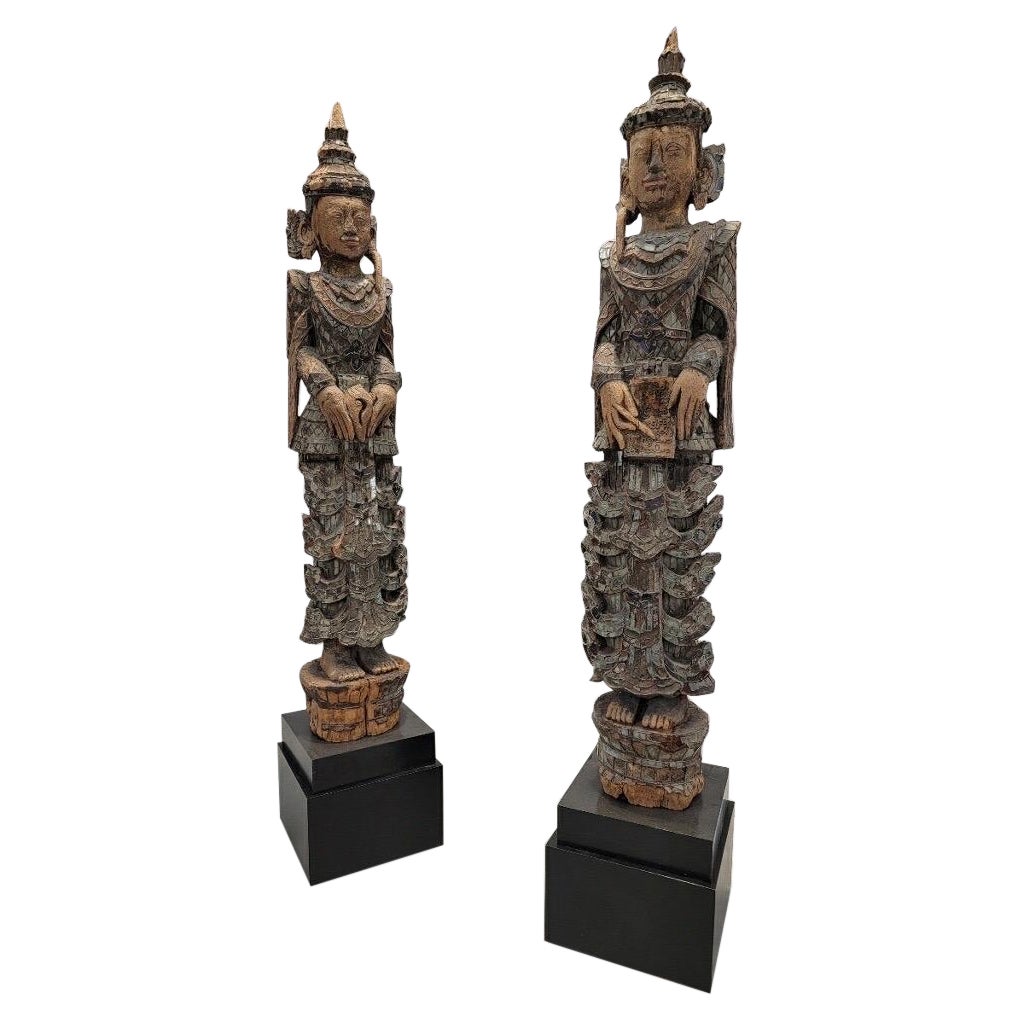 Antique Burmese Tall Monastic Attendant Statues w/ Lacquered Wood & Inlaid Glass