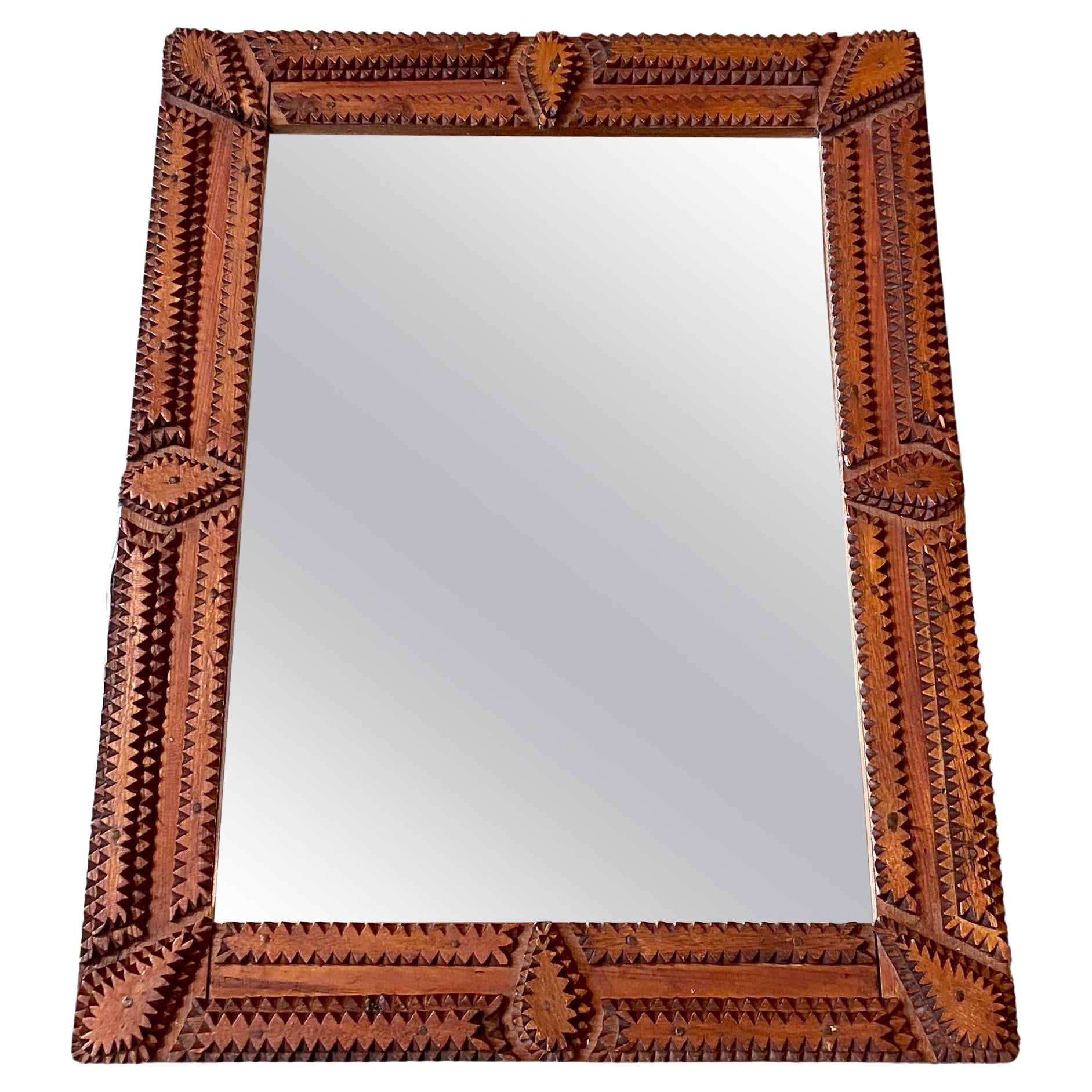 Tramp Art Chip Carved Mirror, circa 1920s For Sale