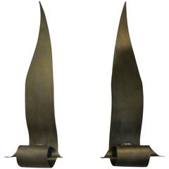 Pair of Brutalist Brass Leaves Wall Light Sconces Leaf Metal 5