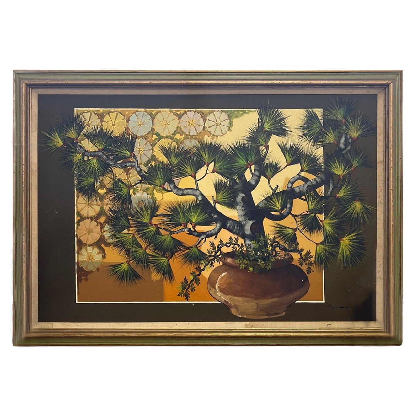 Peinture originale vintage encadrée et signée représentant une plante en pot. en vente